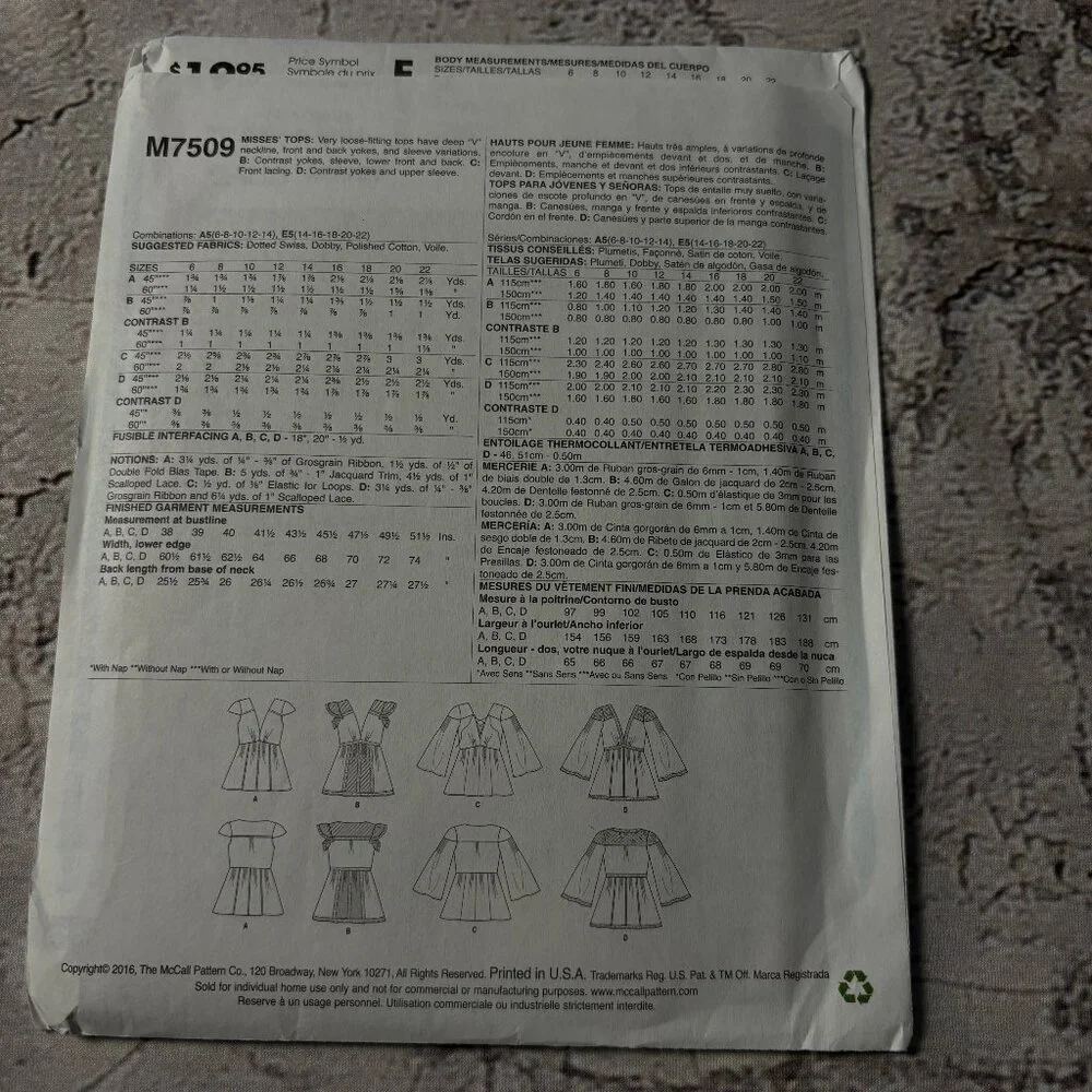 McCalls Pattern M7509 E5 for Misses' Tops